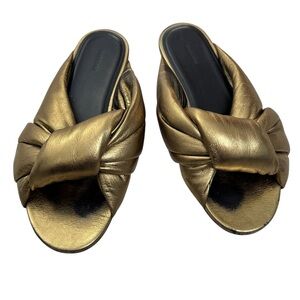 Balenciaga Drapy Gold Leather Slip On Slide Sandals